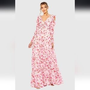 Meena mac Duggal‎ Pink Ruffle Sleeve Floral Print Chiffon Gown